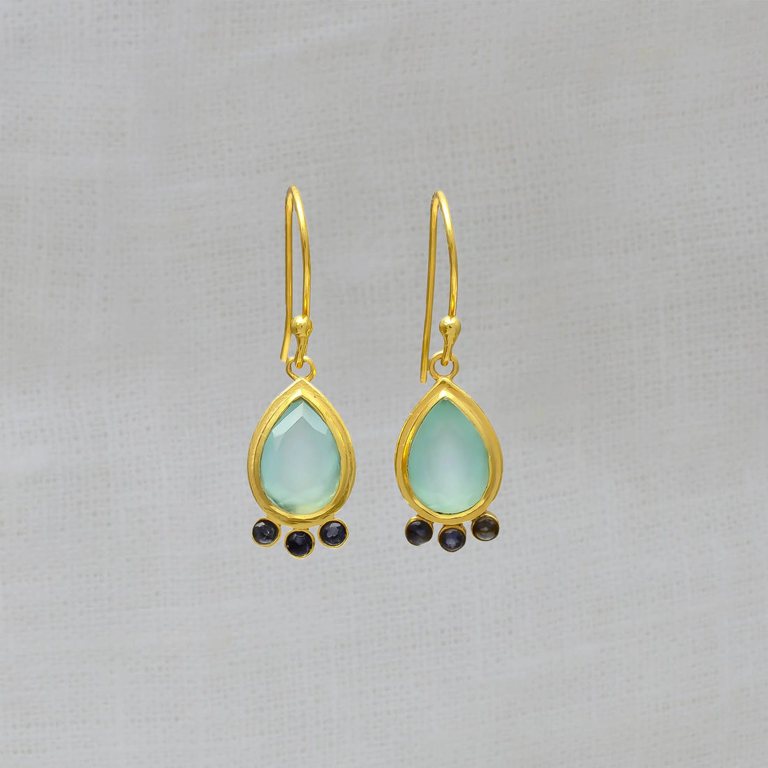 Teardrop Shaped Chalcedony and Iolite Drop Earrings