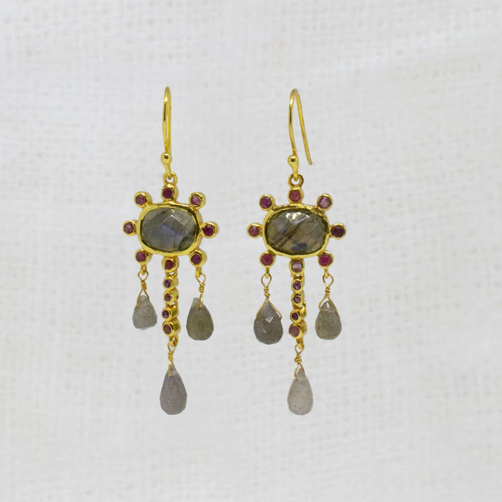 Gold Vermeil Labradorite and Ruby Chandelier Earrings
