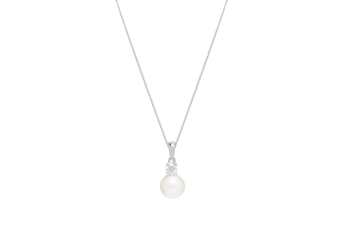 9ct White Gold 6.5mm Pearl and 0.10ct Diamond Pendant