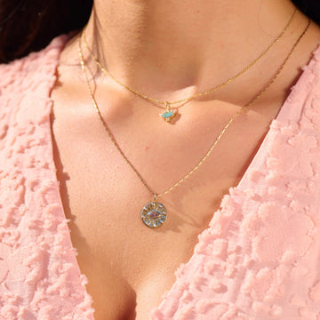 Labradorite & Diamond Eye Coin Pendant 9ct Gold