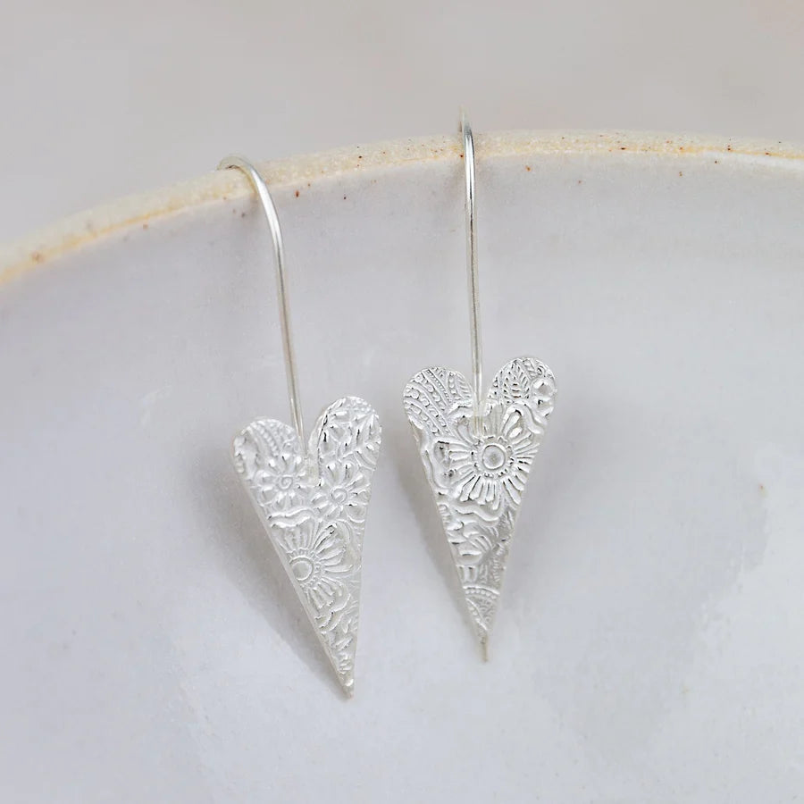 Silver Textured Long Heart Earrings