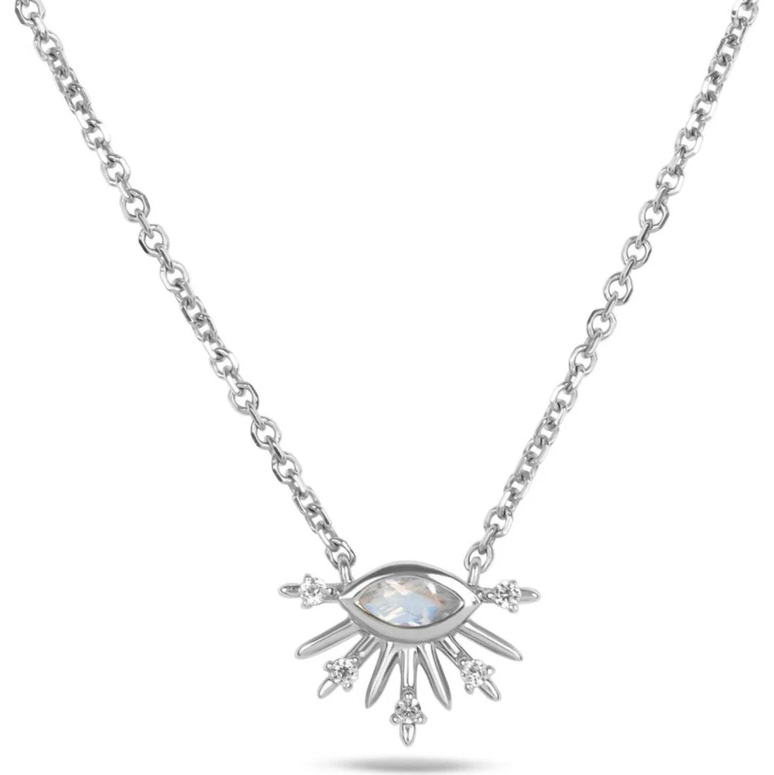 9ct White Gold Moonstone and White Saphire Sunburst Necklace