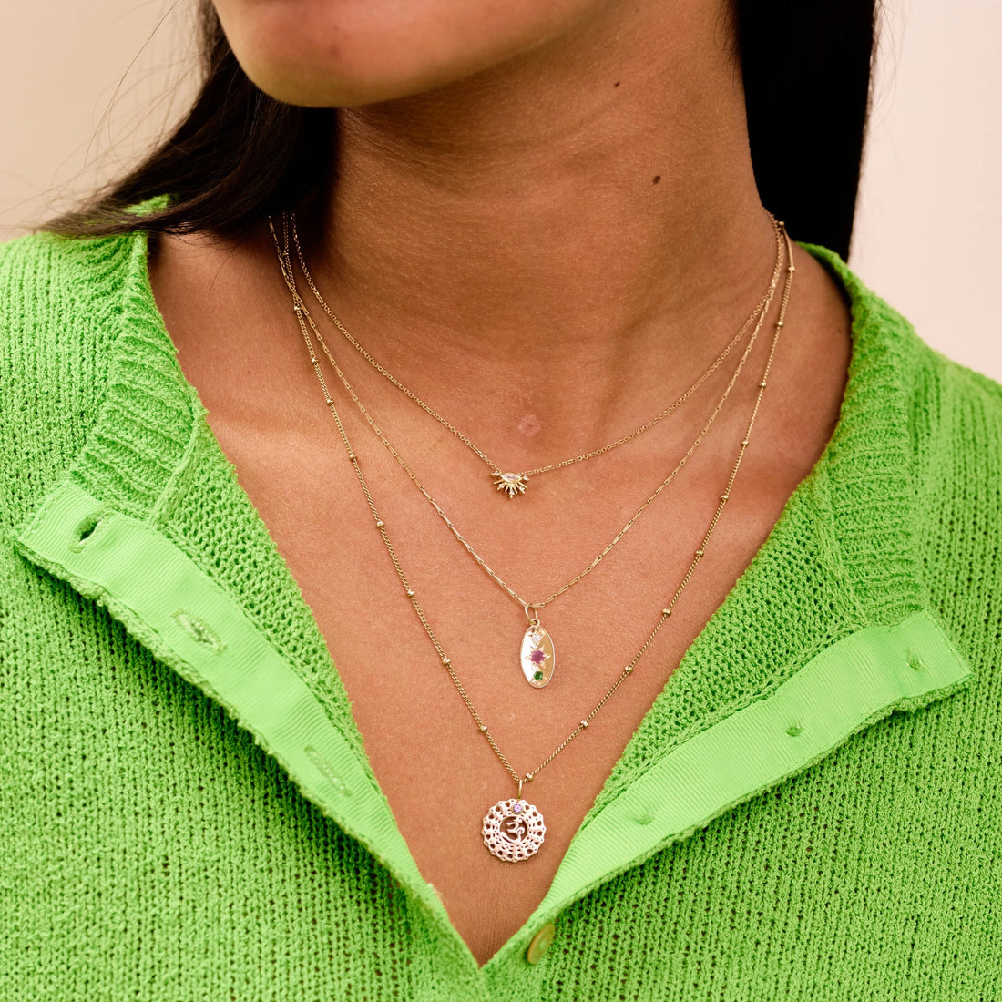 Moonstone & White Sapphire Sunburst Necklace 9ct Gold