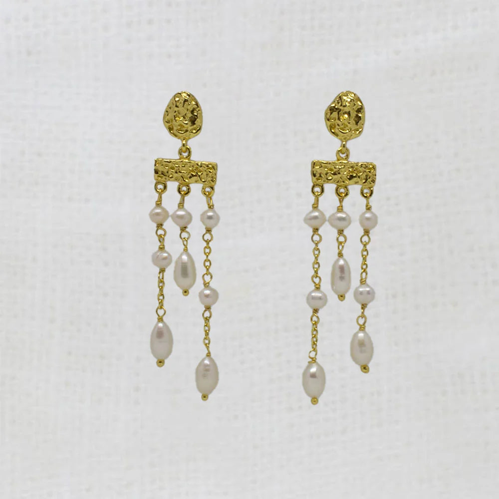 Gold Vermeil Textured Pearl Chandelier Earrings