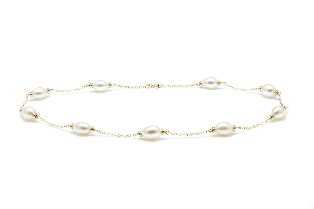 9ct Yellow Gold 10-11mm White Barrell Cultured Fresh Water Pearl 18" Necklace
