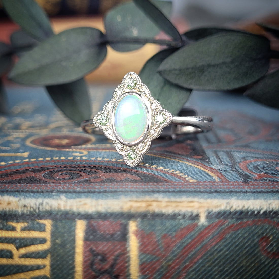 Opal and baby green diamond ring