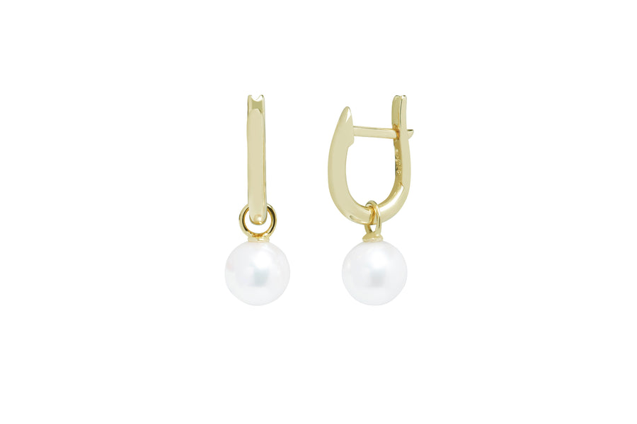7-7.5mm cultured Akoya pearl 9ct yellow gold huggie drop earrings