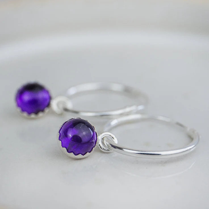 Silver Hoops with Amethyst Drop