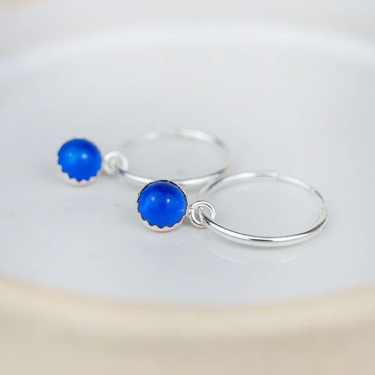 Silver Hoops with Blue Agate Drops