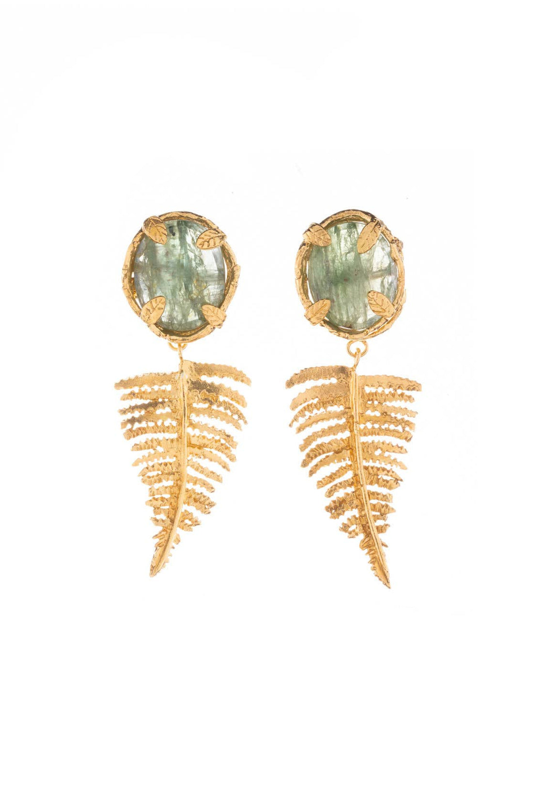 Gold Vermeil Botanical Nest Earrings With Fern And Kyanite