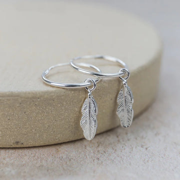 Silver Feather Hoop Earrings