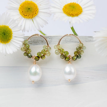 9ct Green Tourmaline and Pearl Drop Earrings