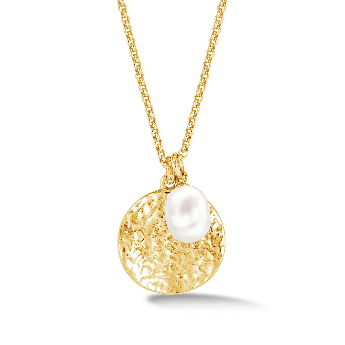 Hammered Disc & White Pearl Nomad Necklace Gold Vermeil