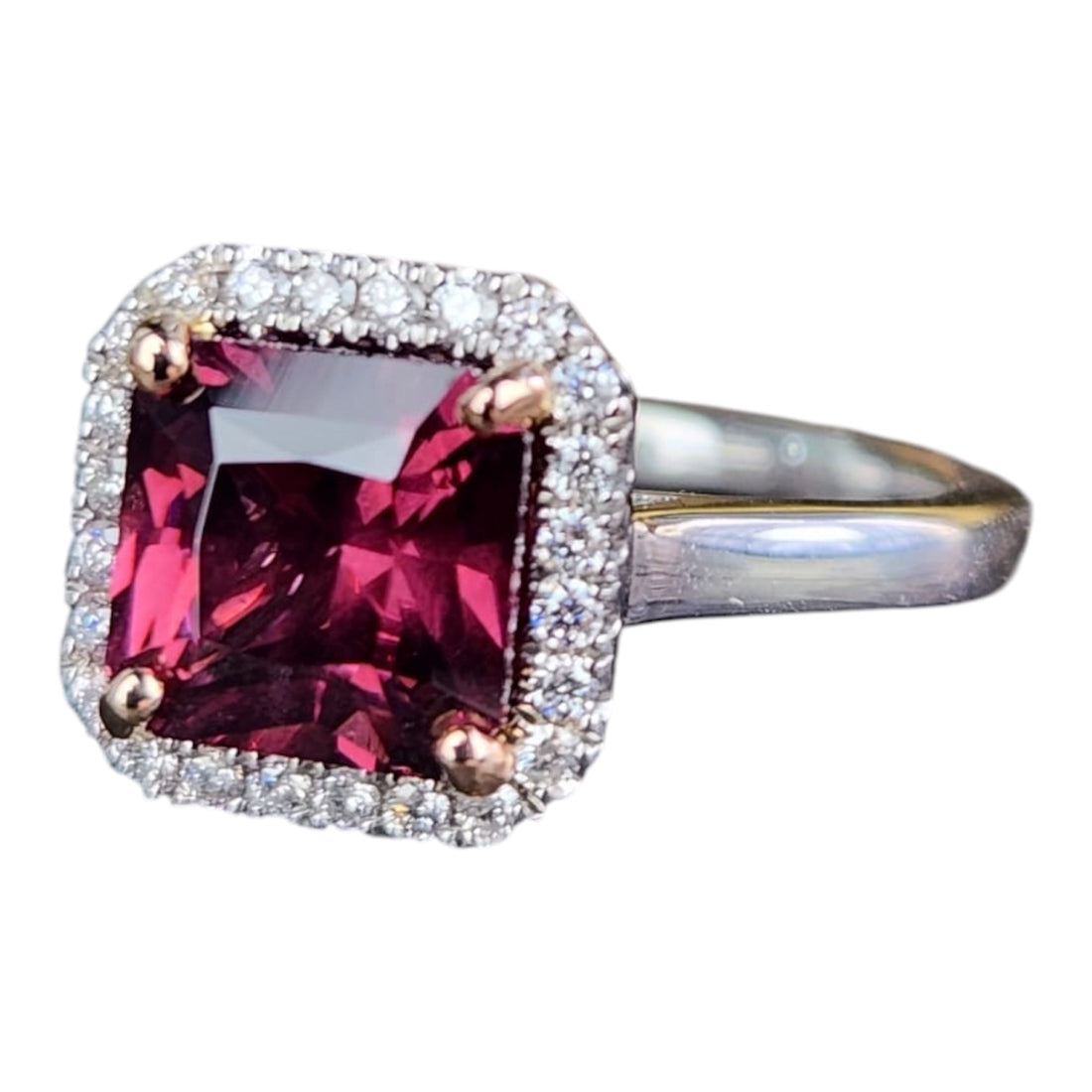 18ct White and Rose Gold Rhodolite Garnet and Diamond Ring
