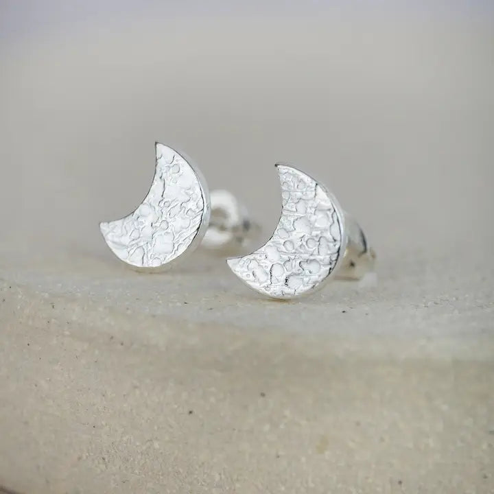 Silver Textured Moon Stud Earrings