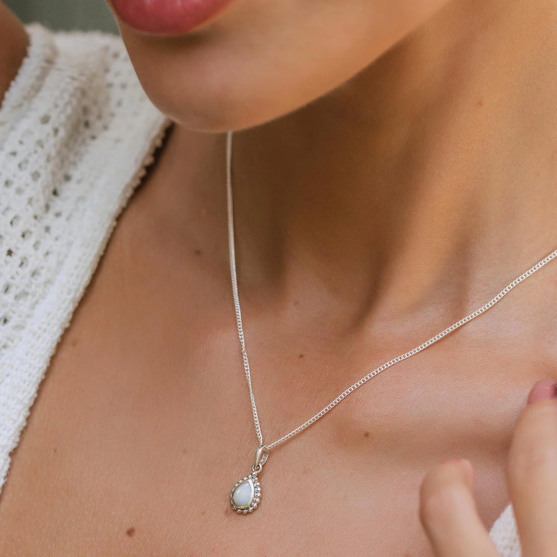 Silver Opal Birthstone Charm Necklace