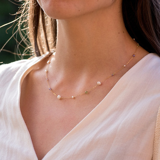 9ct Dainty Peridot, Zircon and Pearl Chain Necklace