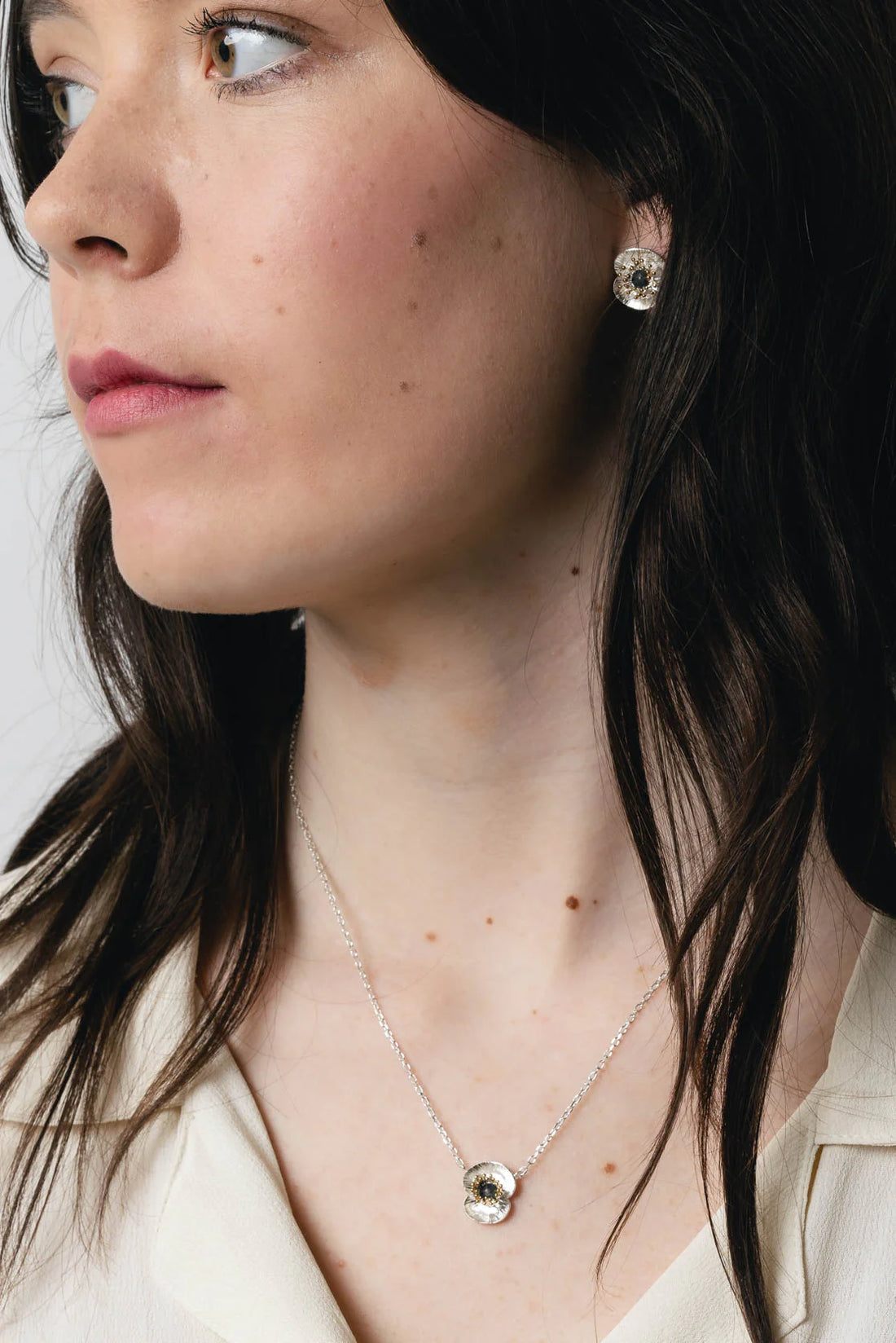 Silver Poppy Flower Stud Earrings