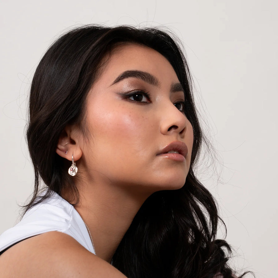 Hammered Disc & Garnet Drop Earrings