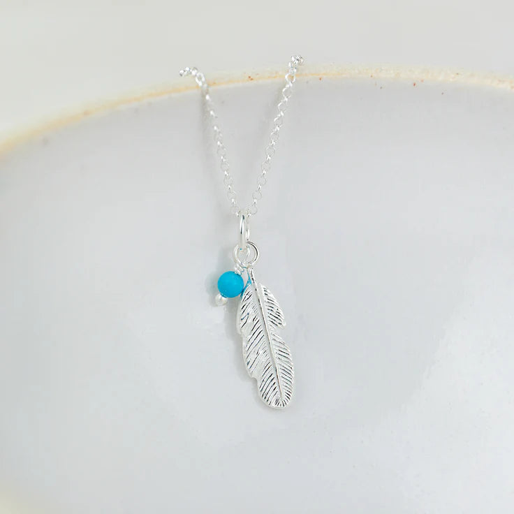 Silver Small Feather and Turquoise Bead Pendant