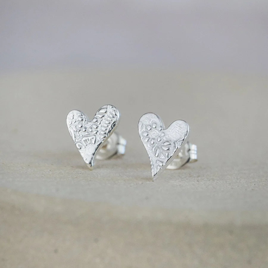 Silver Textured Heart Stud Earrings