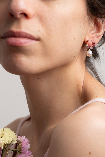 Dainty Garnet Pink Tourmaline and Sunstone Earrings with Pearl Drop