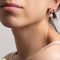 Dainty Garnet Pink Tourmaline and Sunstone Earrings with Pearl Drop