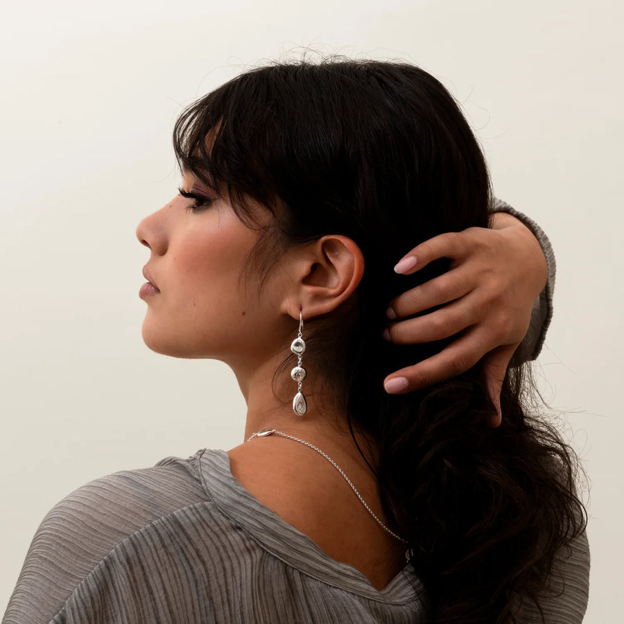 Long Silver Triple Pebble Drop Earrings